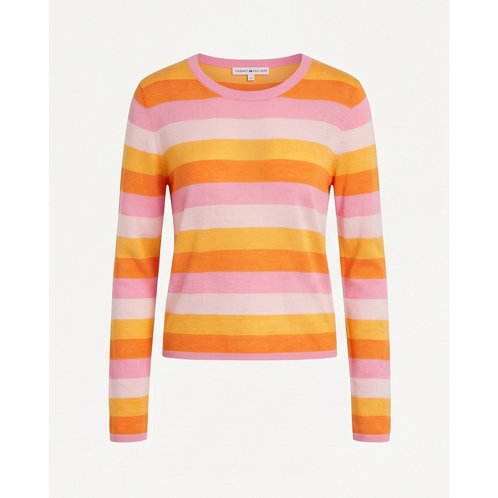 Tommy Hilfiger Womens M Pink Orange Striped 100% Linen Knit Crewneck Sweater